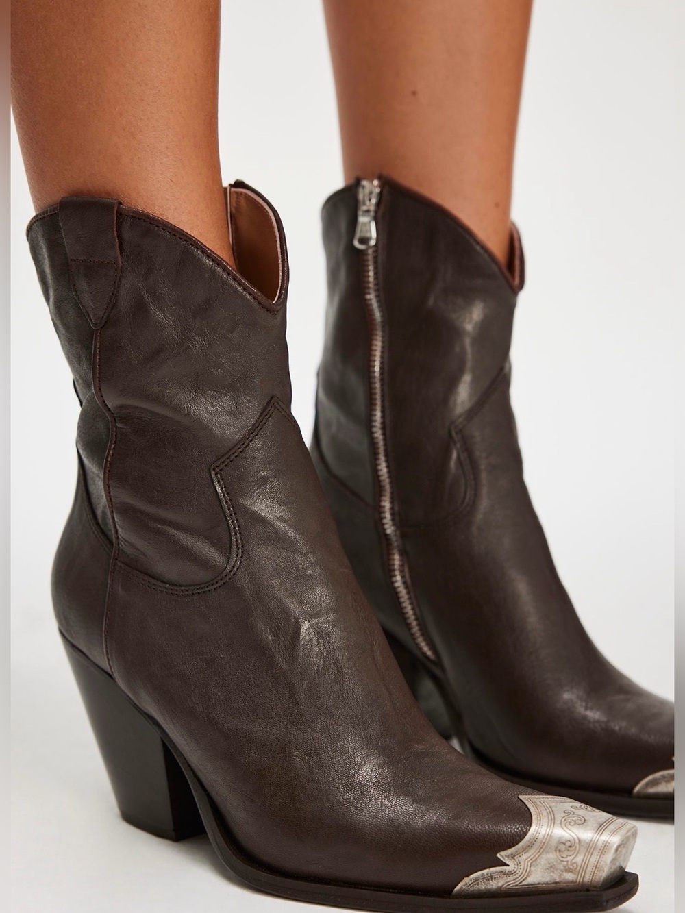 Free People Brayden Western dark Brown Leather  Zip Ankle Metal Toe